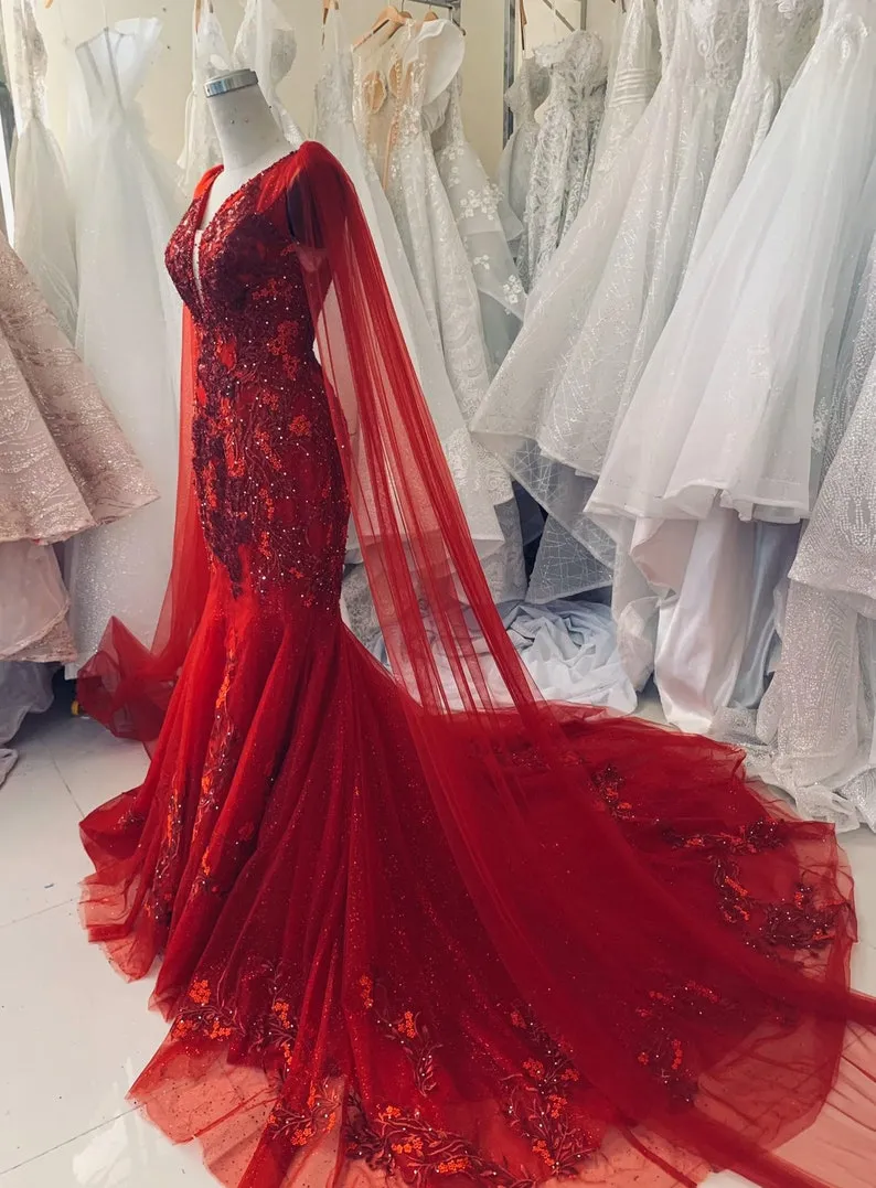 Diynav Red Vintage Wedding Dress,Princess Bridal Gown Mermaid Prom Dress HZ1017 - Image 4