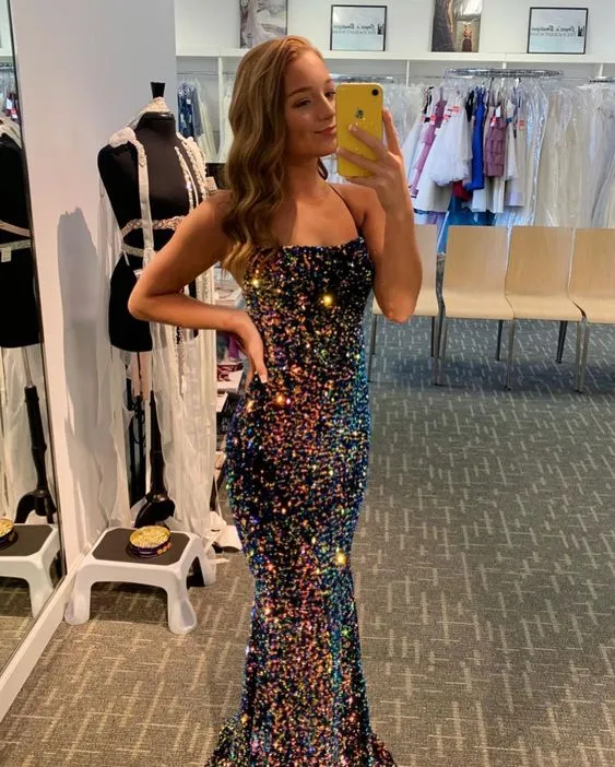 Diynav Mermaid Scoop Neck Sequins Long Prom Evening Dress HZ1017