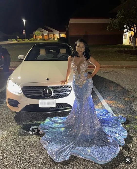 Diynav Mermaid Blue Sequins Evening Dresses For Black Girls HZ1017