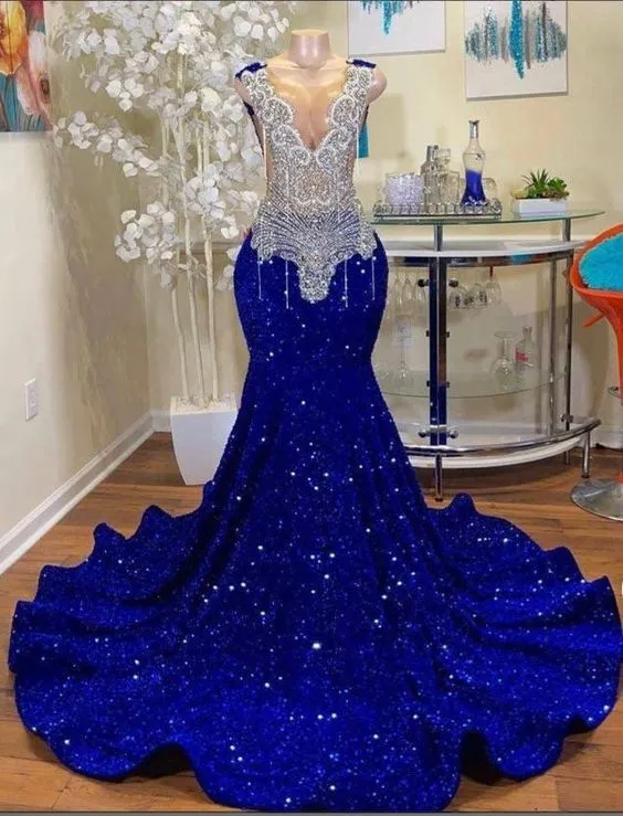 Diynav blue prom dresses, crystal prom dresses, beaded prom dresses, mermaid evening dresses, sequins party dresses, mermaid evening gowns HZ1017