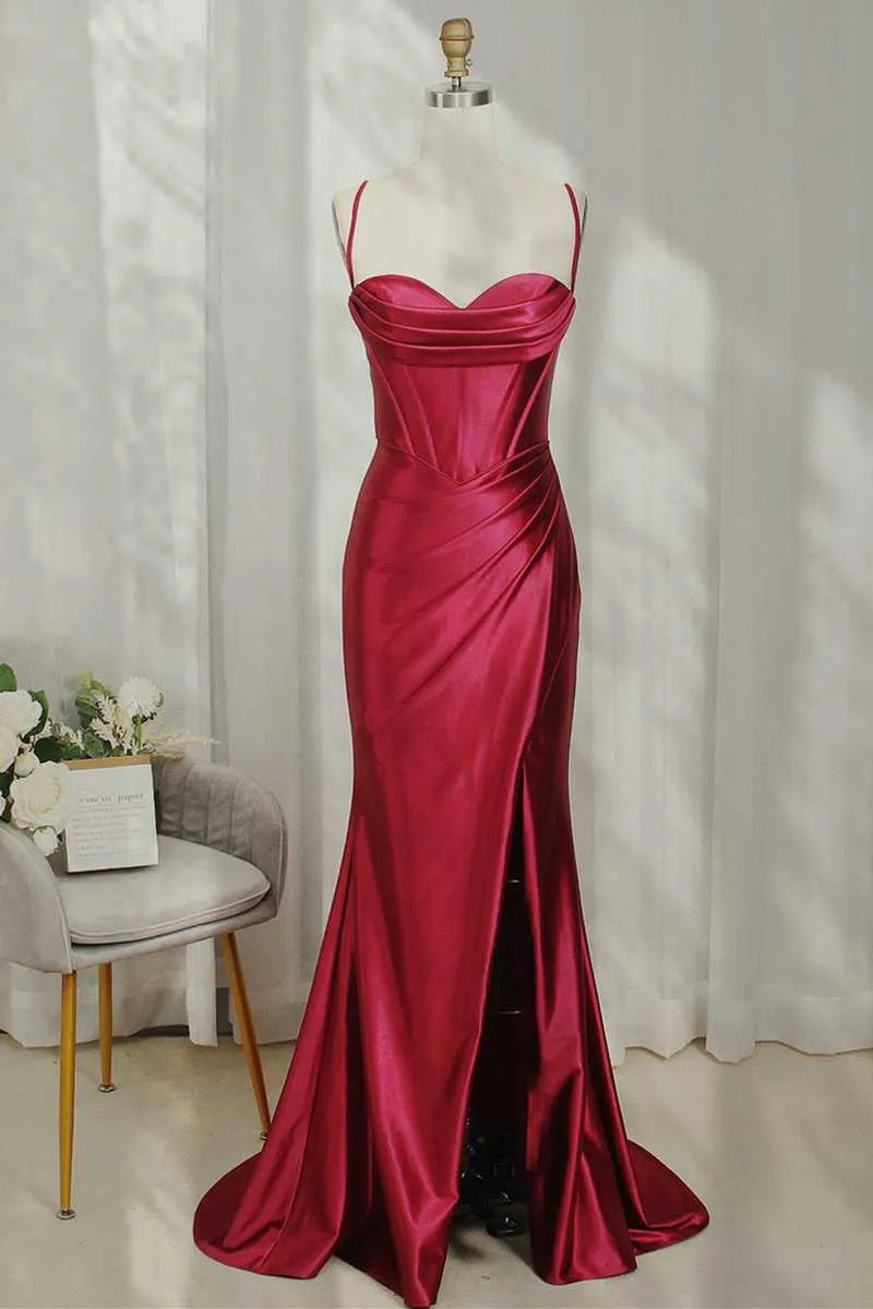Diynav Spaghetti Straps Satin Evening Dress Burgundy Cowl Neck Ruched Prom Dress HZ1017