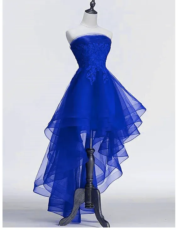 Diynav Blue Tulle with Lace Applique High Low Party Dress, Blue Homecoming Dress HZ1017