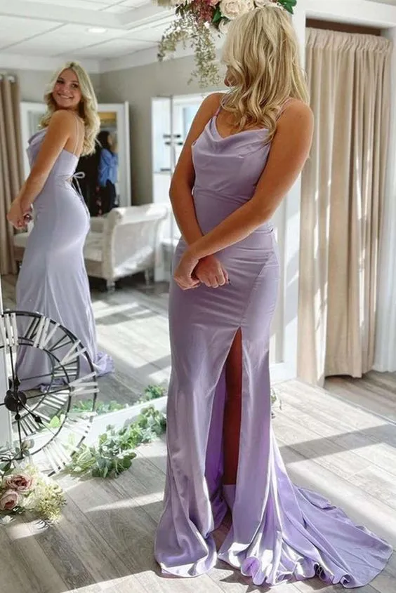 Diynav arrival evening dresses spaghetti straps lavender with slit satin prom dress HZ1017