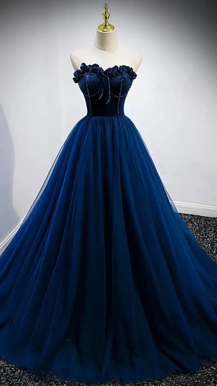 Diynav Blue A-line Prom Dress ,Elegant Evening Gown HZ1017