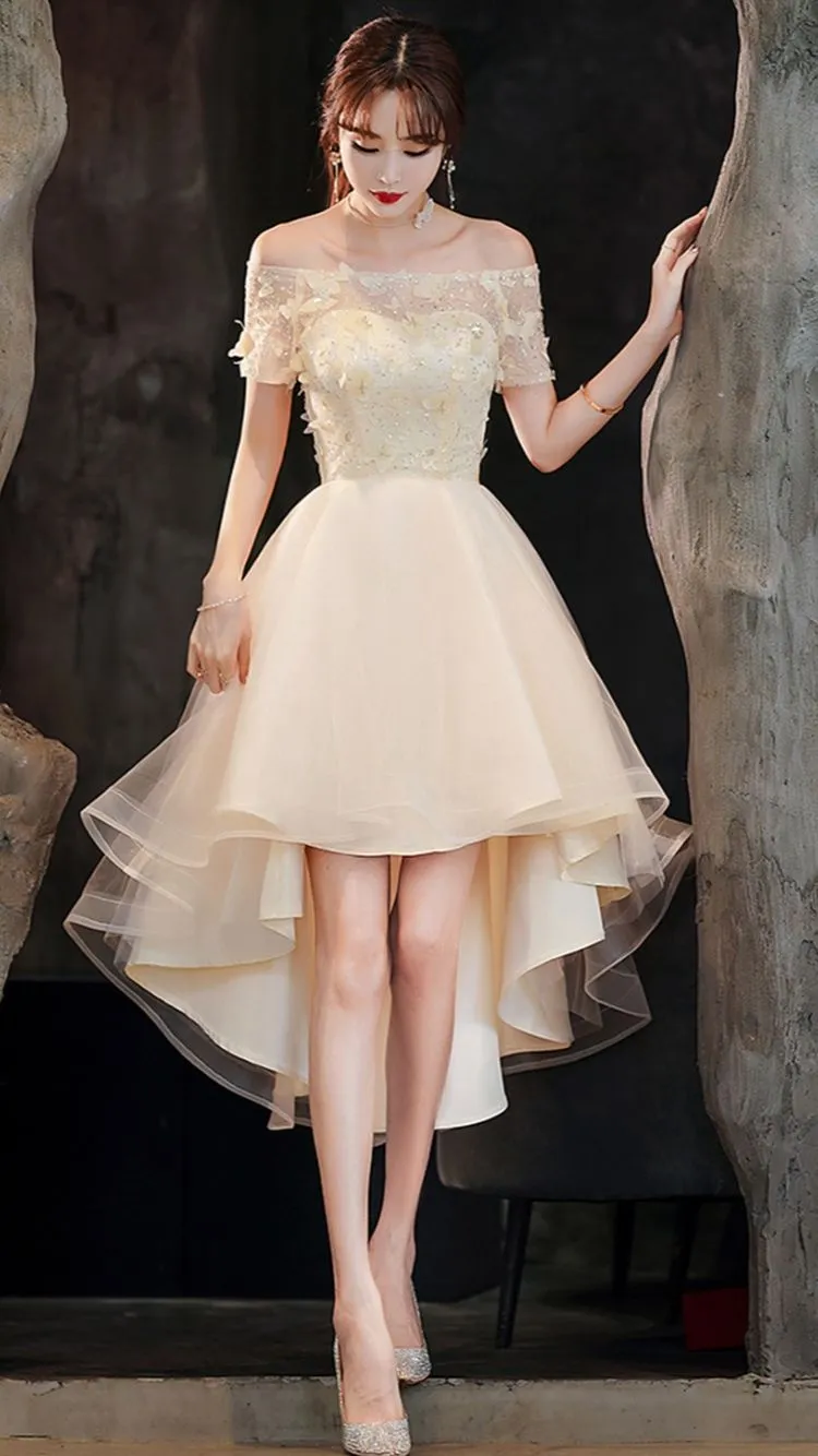 Diynav tulle high low prom dress champagne evening dress HZ1017