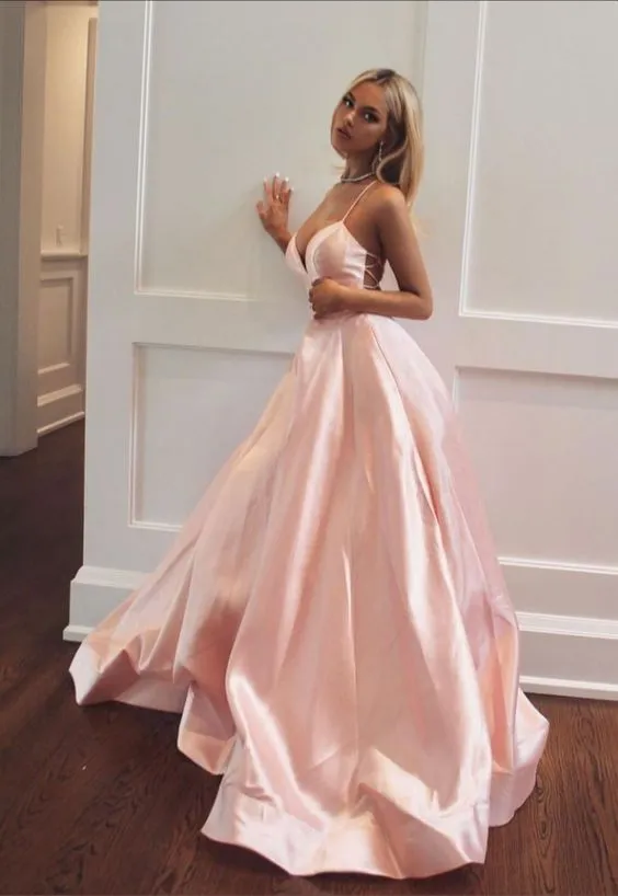 Diynav Pink Sleeveless Satin Long Prom Dress,Modest V Neck Pink Evening Dress HZ1017