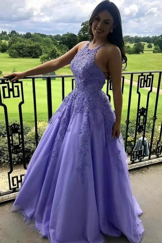 Diynav Appliques Lavender Long Prom Dress, Halter A Line Graduation Evening Dresses HZ1017