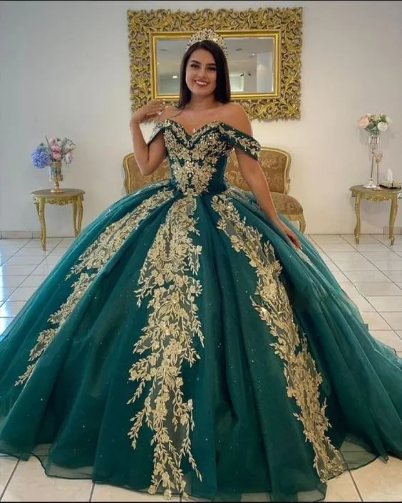 Diynav Green Sweet 15 Quinceanera Dresses with Gold Applique Sequin Ball Gown Sweep Train HZ1017