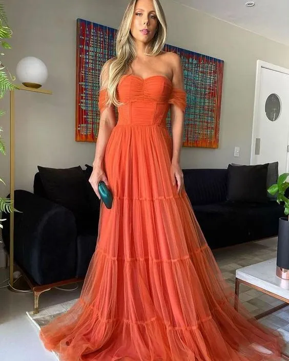 Diynav Off The Shoulder Orange Tulle Long Evening Dresses HZ1017