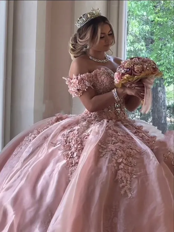 Diynav Off The Shoulder Pink Ball Gown,Quinceanera Dress,Sweet 16 Dress HZ1017