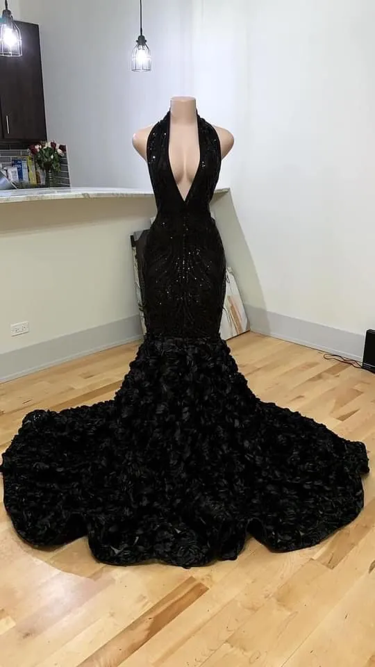 Diynav Halter Neck Mermaid Evening Dress With 3D Flower Sexy Formal Gown HZ1017