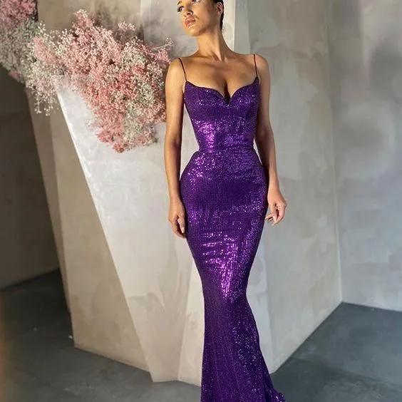 Diynav Spaghetti Straps Sequin Long Evening Dresses HZ1017
