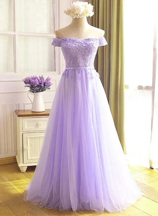 Diynav Tulle Light Purple Off Shoulder Long Prom Dress, Lace Applique Evening Dress HZ1017