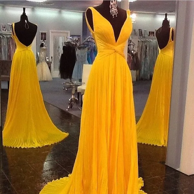 Diynav Prom Dresses,Backless Prom Gown,Open Back Evening Dress,Chiffon Prom Dress,Sexy Evening Gowns,Yellow Formal Dress,Wedding Guest Prom Gowns HZ1017