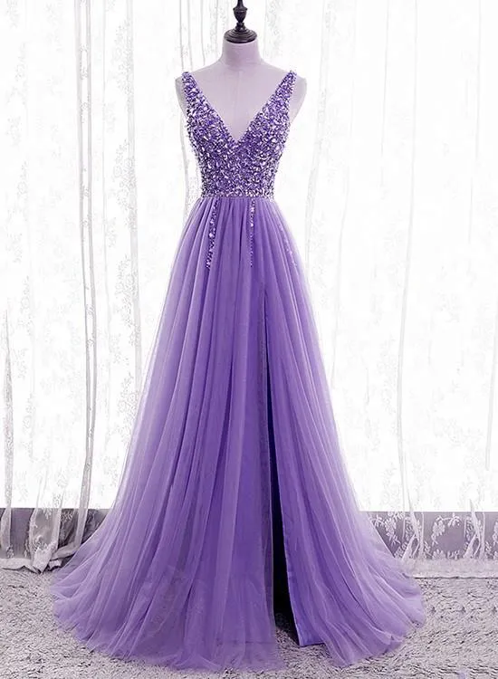 Diynav Beaded V-neckline Tulle Sparkle Party Dress Evening Dress, Purple Tulle Prom Dress HZ1017