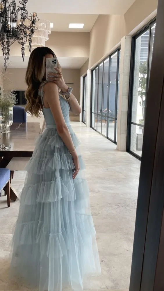 Diynav Blue Sleeveless Tulle Long Prom Dress,Generous A-line V Neck Pink Evening Dress HZ1017