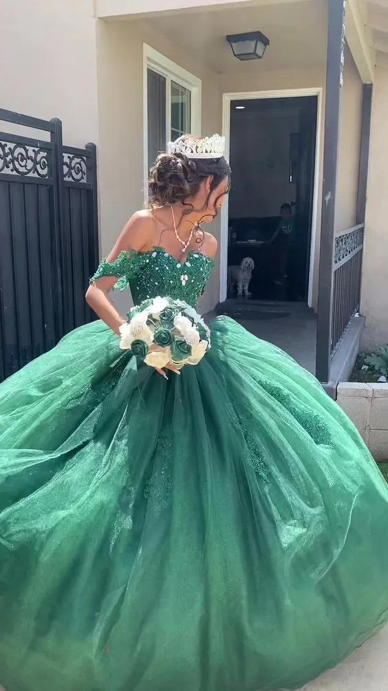 Diynav Off The Shoulder Green Tulle Lace Princess Dress,Green Ball Gown HZ1017