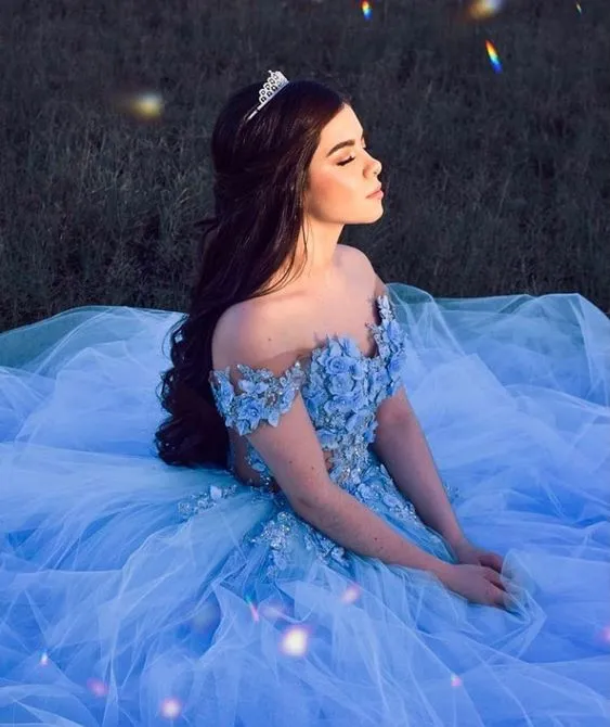 Diynav Wonderland Blue Tulle Prom Dress,Off The Shoulder Blue Evening Dress HZ1017