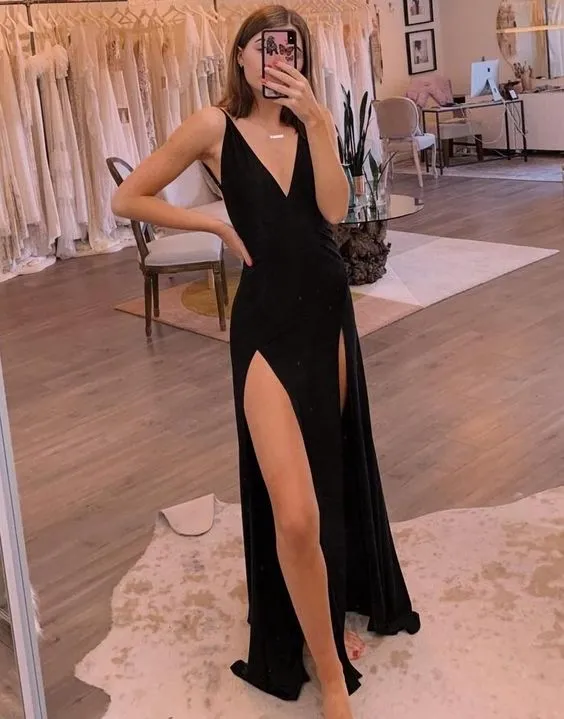 Diynav Black Long Prom Dress Side Split Evening Dress HZ1017
