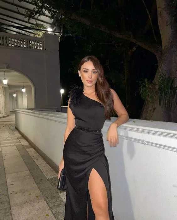 Diynav One Shoulder Black Satin Long Evening Dress With Side Slit,Reception Dress HZ1017