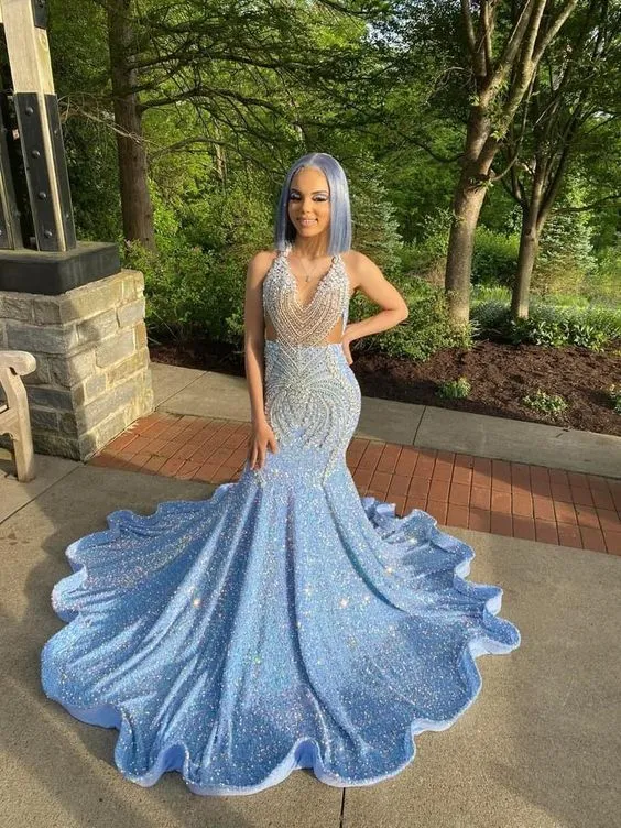 Diynav birthday outfit evening dress custom made black girl mermaid blue prom gowns HZ1017