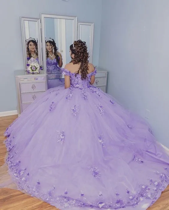 Diynav Off The Shoulder Lavender Appliques Ball Gown,Quinceanera Dress HZ1017