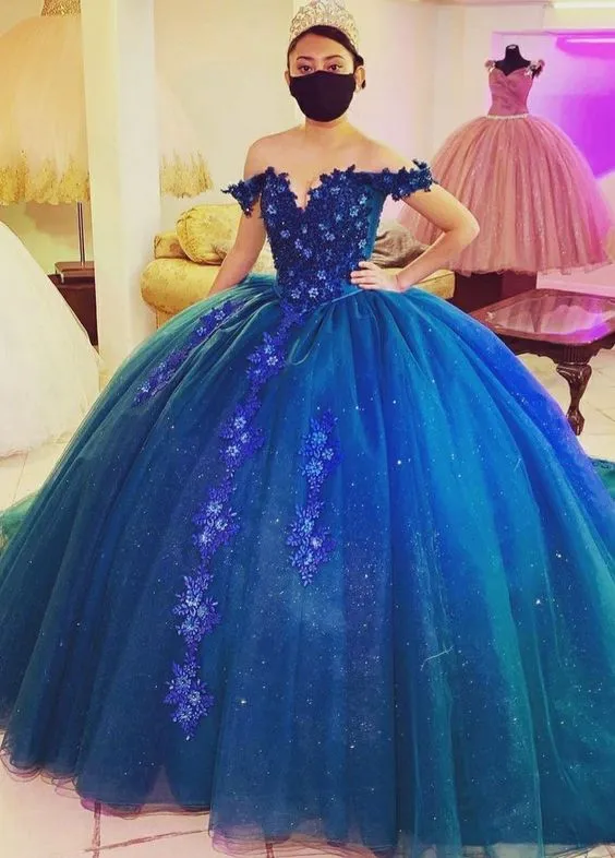 Diynav Off The Shoulder Blue Ball Gown,Princess Dress HZ1017