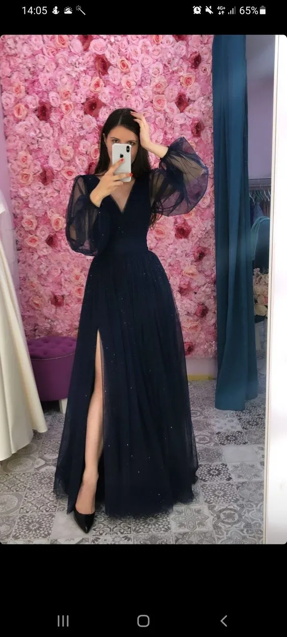 Diynav Women's Navy Blue Prom Dress With Puffy Sleeves,Elegant V Neck Long Evening Dress HZ1017