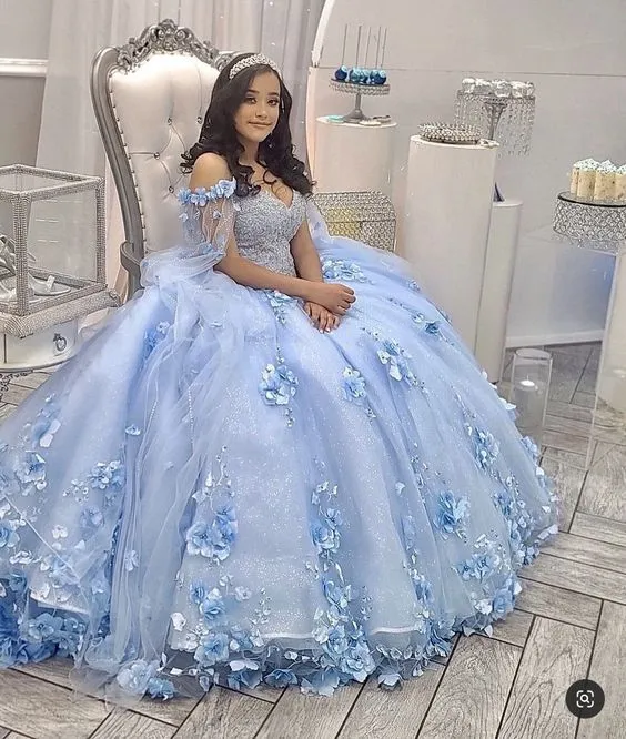 Diynav Blue Quinceanera Dress Off Shoulder 3D Flowers Beads Puffy Party Princess Sweet 16 Gown,Light Blue Ball Gown HZ1017