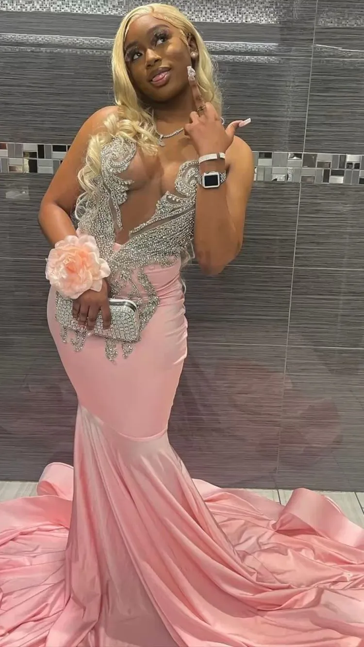 Diynav Deep V Neck Mermaid Evening Dress, Pink Prom Dress For Black Girls HZ1017