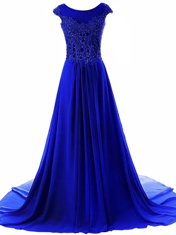 Diynav Women's Cap Sleeves Long Chiffon Lace Evening Gown Prom Dresses-Royal Blue HZ1017