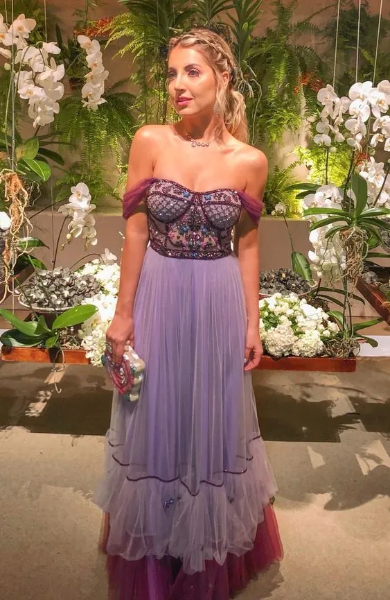 Diynav Line Tulle Prom Dresses With Beading,Off the Shoulder Evening Dresses HZ1017