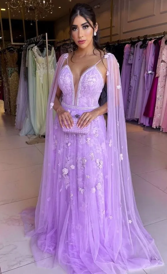 Diynav Lavender Lace Tulle Prom Dress,Charming A-line Evening Dress HZ1017
