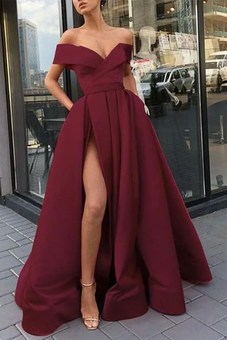 Diynav v neck satin off shoulder long prom dress burgundy evening dress HZ1017