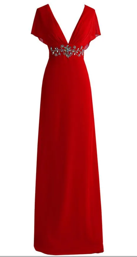 Diynav deep v-neck red evening dress, dress chiffon crystal back formal evening dress gown HZ1017
