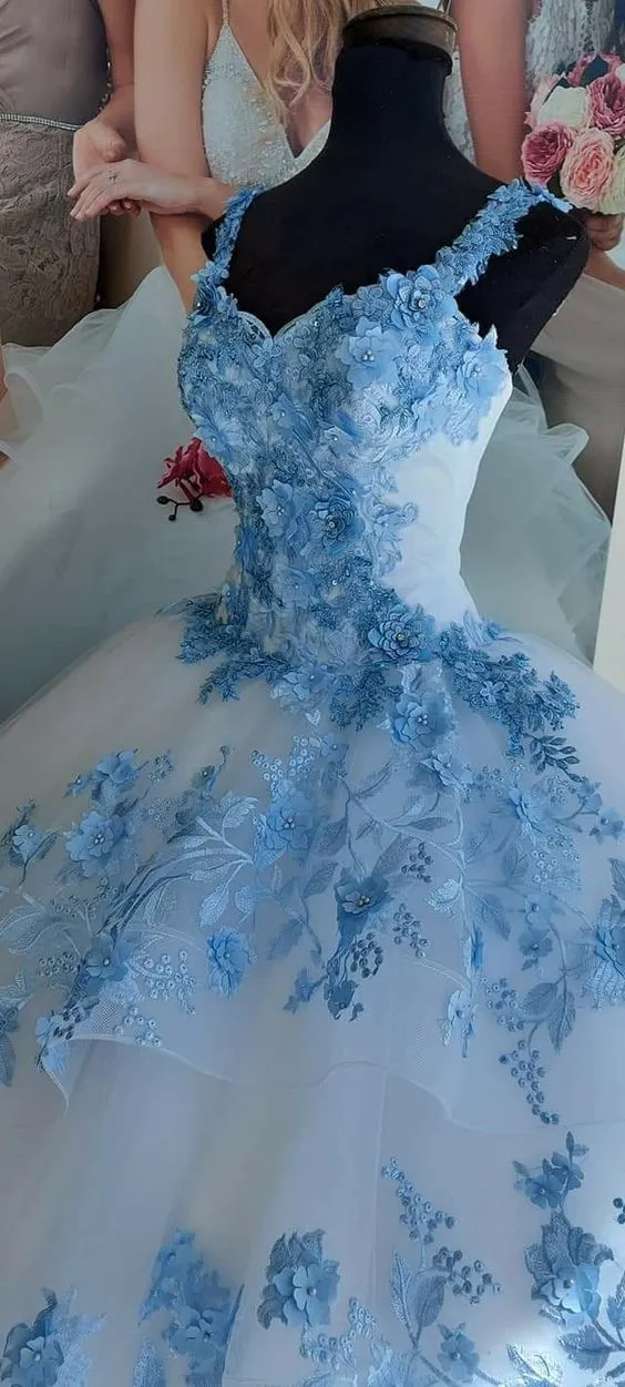 Diynav Wonderland Blue Flowers And White Tulle Ball Gown,Sweet 16 Dress HZ1017