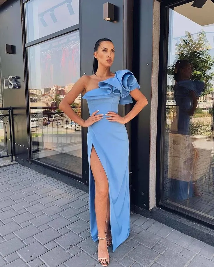 Diynav One Shoulder Blue Satin Ruffled Shoulder Slit Evening Dresses HZ1017