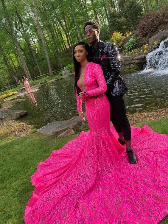 Diynav Evening Dress Women Long Sleeve Sequin Long Hot Pink Dress Luxury Party Dress For Women HZ1017