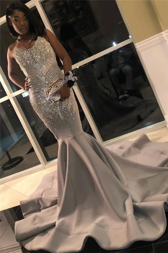 Diynav Grey Mermaid Prom Dresses with Beads Crystals Sexy Strapless Sleeveless Formal Evening Gowns HZ1017