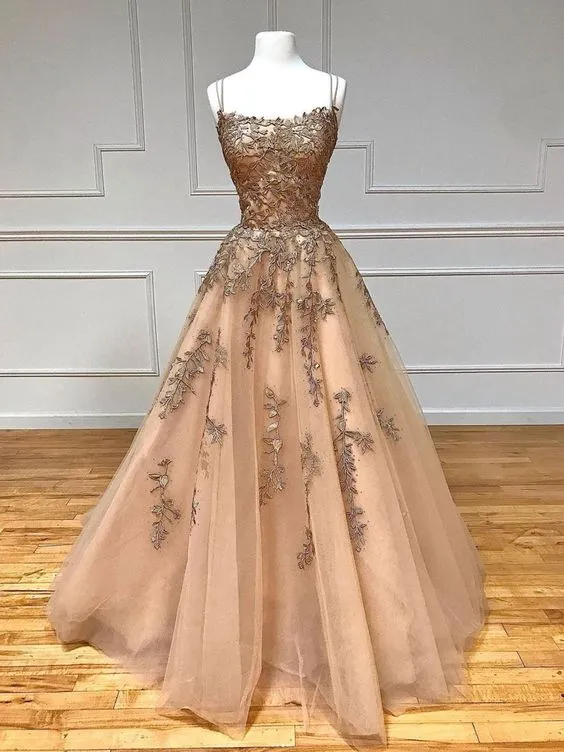 Diynav tulle lace long prom dress, champagne evening dress HZ1017