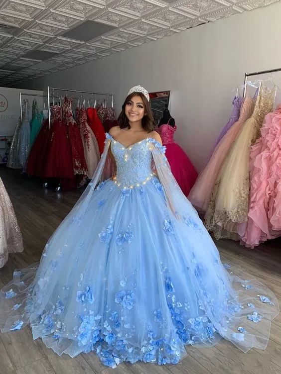 Diynav Blue Quinceanera Dresses Flowers Ball Gown Off Shoulder Lace Appliques 3d Floral Crystal Beads Long Sleeves Sweet 16 Dress HZ1017