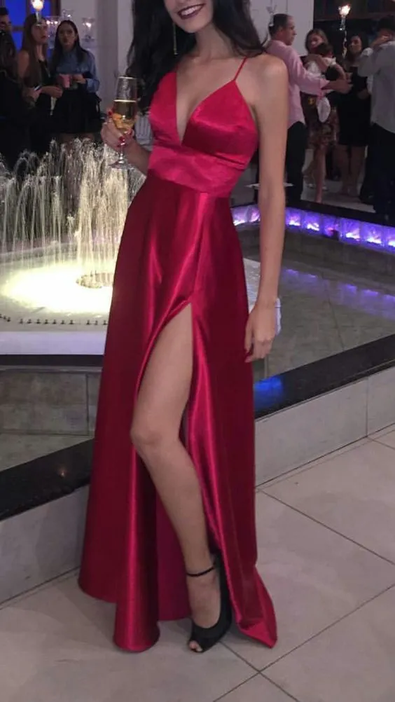 Diynav Line Spaghetti Straps V Neck Evening Dress HZ1017