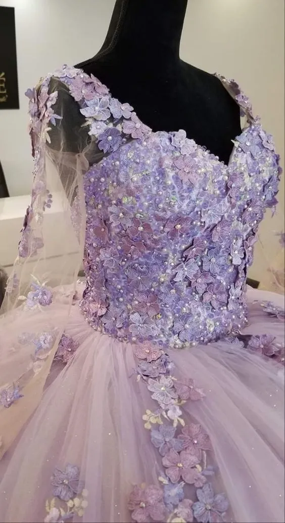 Diynav Ball Gown Lavender Lace Tulle Sweet 16 Dress HZ1017