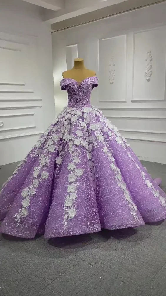 Diynav Flowers Lilac Sweet 15 Dress Off the Shoulder Quince Dress Luxurious Ball Gown HZ1017