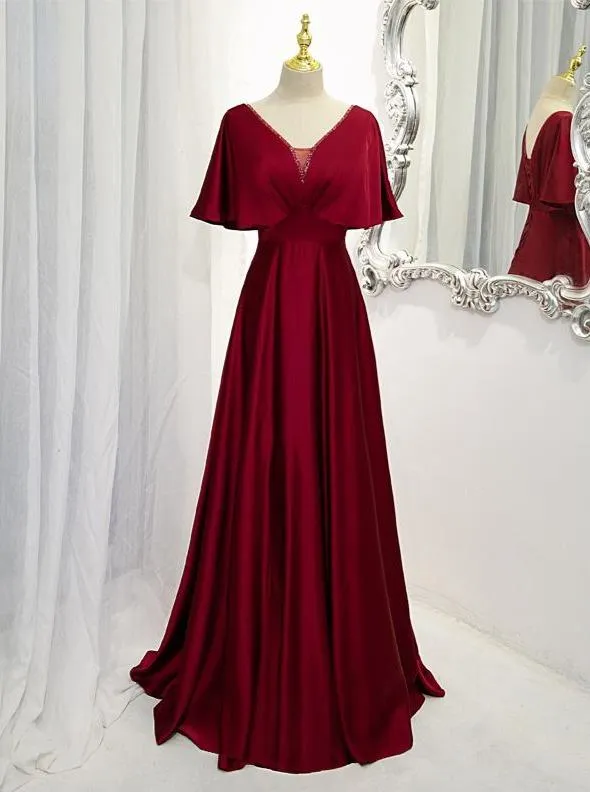 Diynav Red Satin A-line Floor Length Evening Dress, Wedding Guest Dresses HZ1017