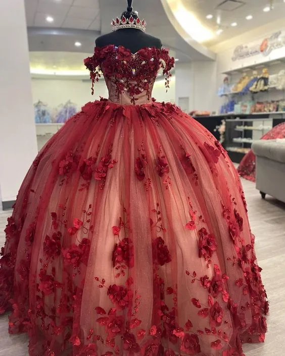Diynav Off Shoulder 3D Flowers Quinceanera Dress and Train,Ball Gown HZ1017