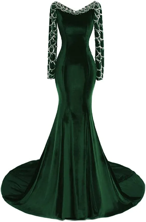 Diynav Women's Long Sleeves Mermaid Dark Green Evening Dress HZ1017