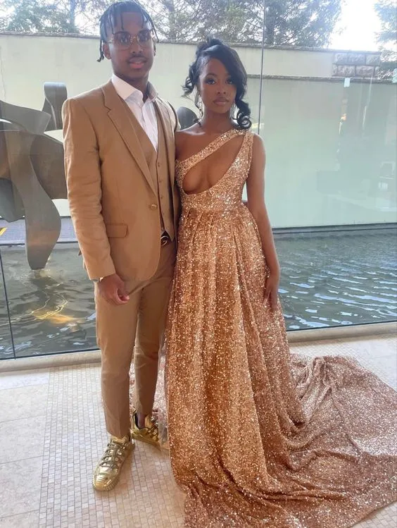 Diynav Rose Gold Sequin Prom Dress With Train,Sexy Evening Gown HZ1017