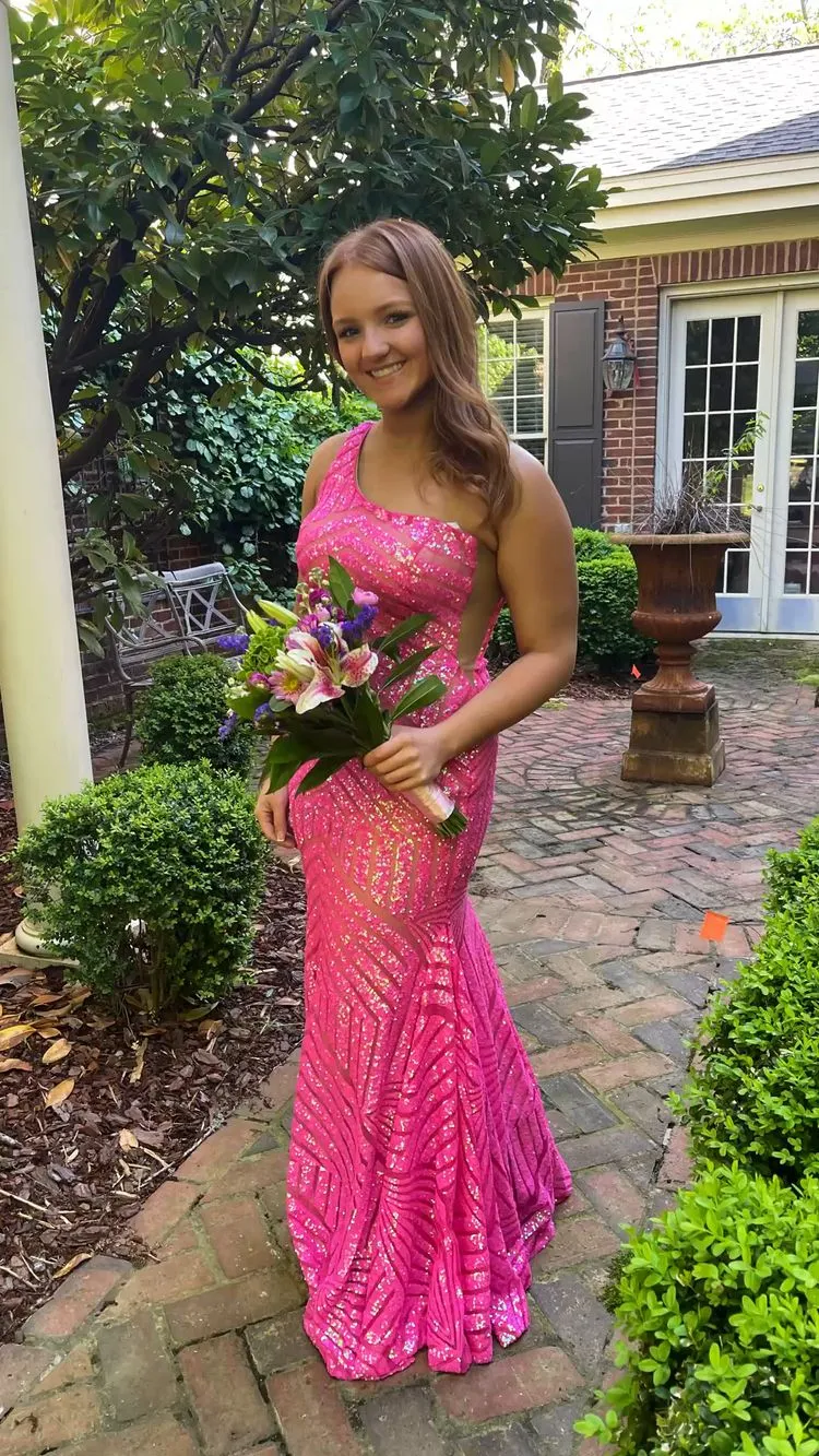 Diynav One Shoulder Fuchsia Long Prom Dress,Sparkly Evening Dress HZ1017