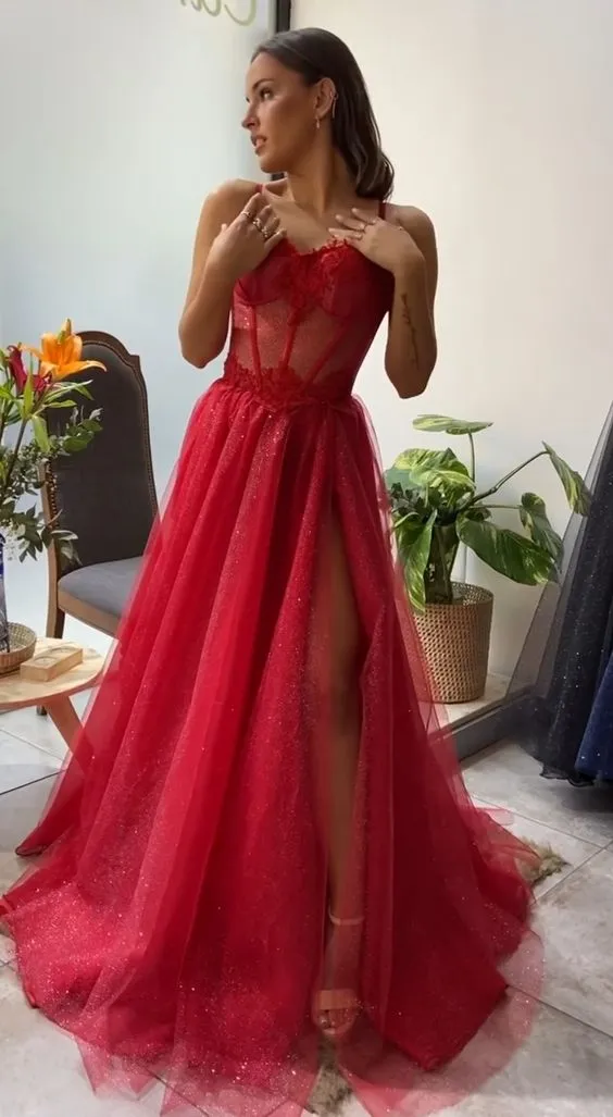 Diynav Sweetheart Neck Red Lace Long Prom Dresses, High Slit Red Lace Formal Dresses, Red Lace Evening Dresses HZ1017